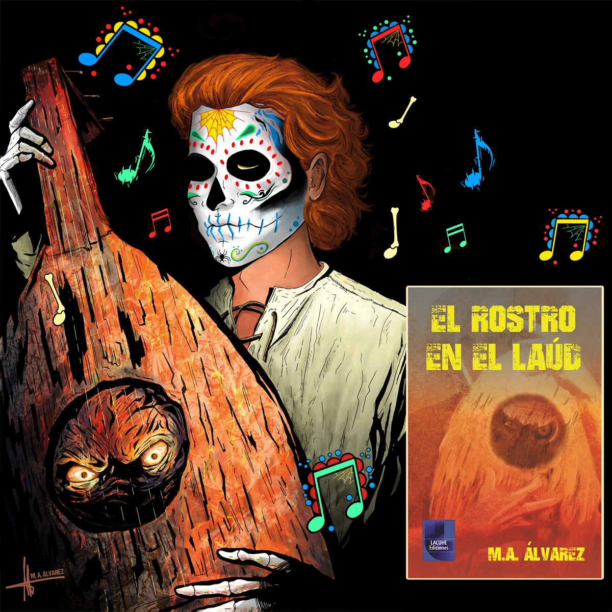 The Face Within the Lute. Underwater illustration. Halloween